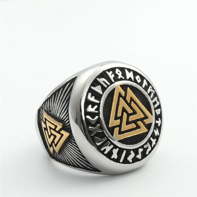 

Gothic Vintage Nordic Viking Rune Stainless Steel Locomotive Ring Men's Ladies Rune Odin Symbol Fashion Punk Amulet Jewelry