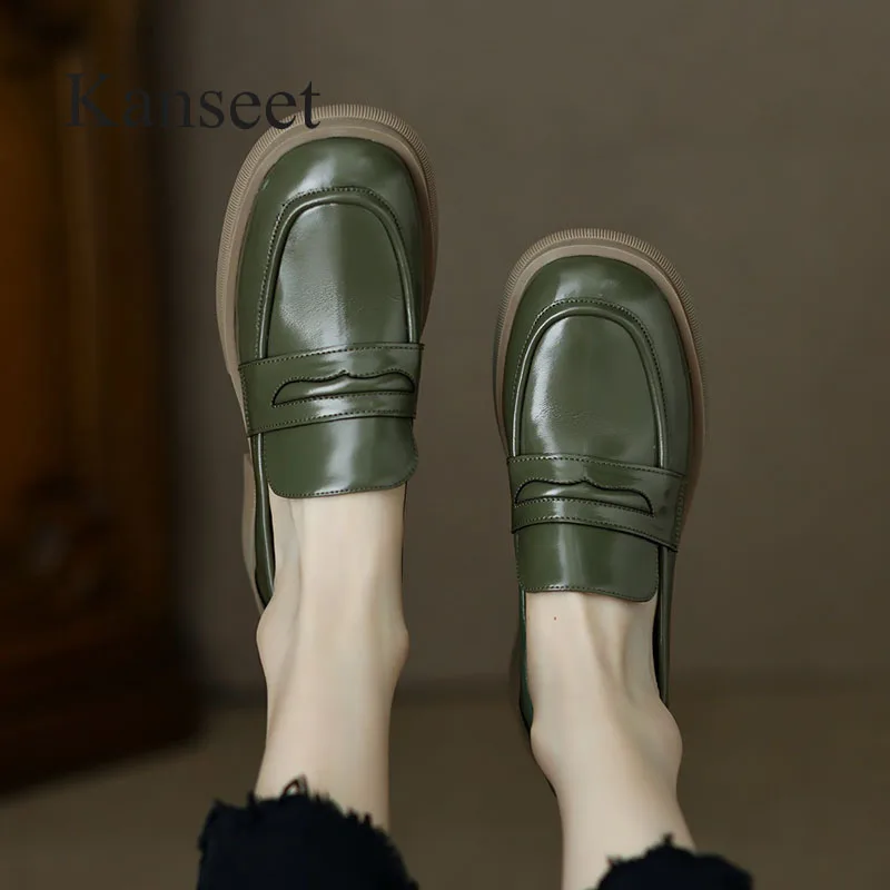 Kanseet Platform Loafers New Autumn Concise Round Toe Genuine Leather Women Shoes Chunky Heels Casual Lady Footwear Black Green