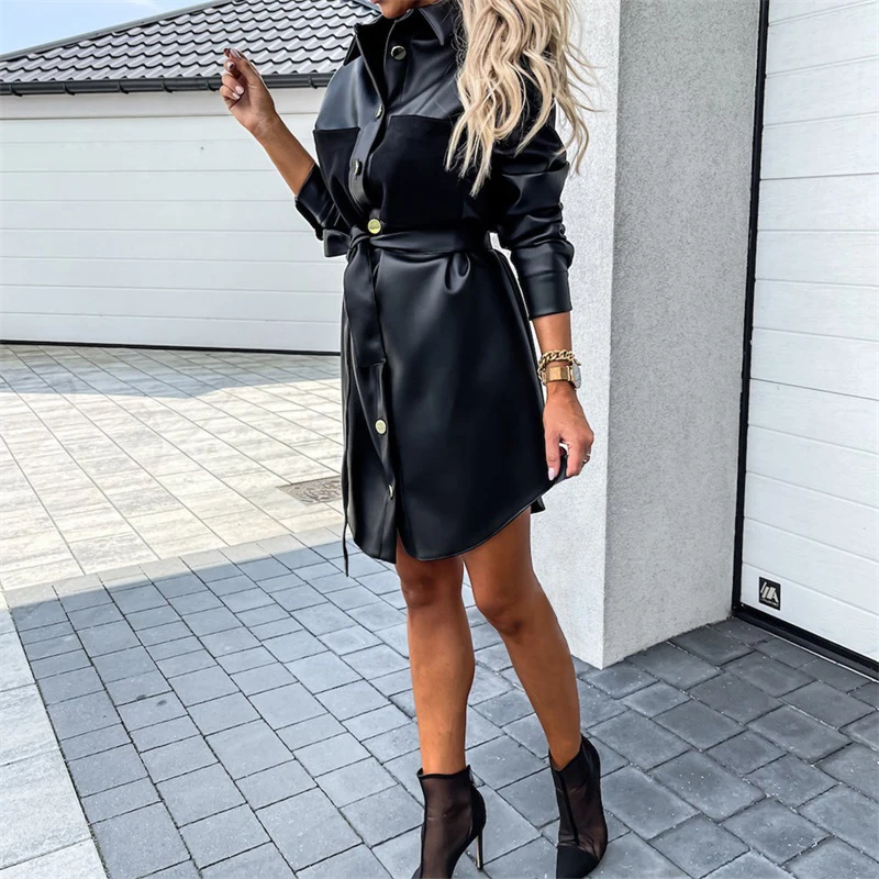 

Kayotuas Women Straight Dress Spring Autumn PU Faux Leather Button Down Single Breasted Lapel With Waistband Clubwear