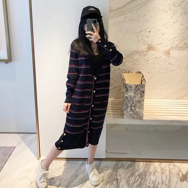 

Autumn explosion style tb college style color stripe contrast color V-neck mid-length knitted cardigan jacket sweater skirt