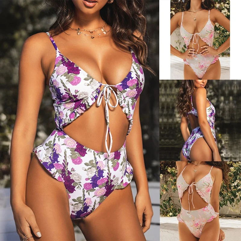 

Women's Fashion Sexy Floral Print Lace-Up Sling One-Piece Swimsuit