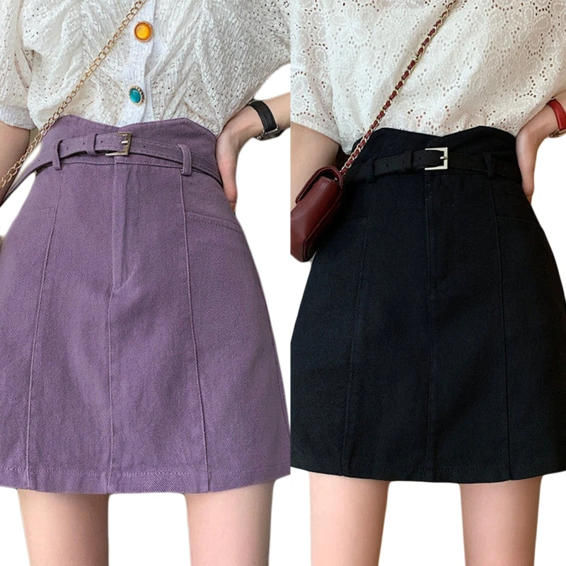 

Irregular Wave High Waist A-Line Solid Color Denim Mini Skirt With Belt