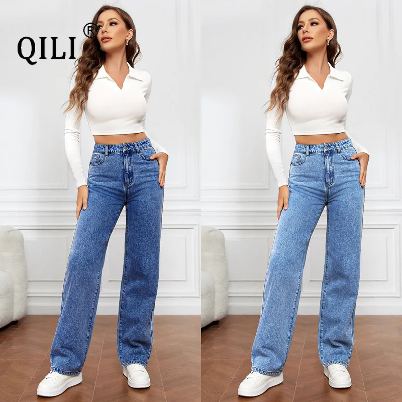 QILI 2023 New Jeans for Women Elastic Wash Denim Women's Pants Versatile Straight Leg Pants