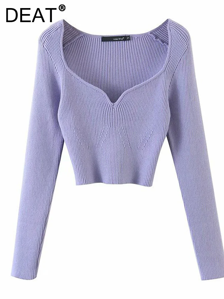 

DEAT 2022 Autumn Short Square Collar Thin Knitted Pullovers Sweater Loose V-Neck Long Sleeve Women New Fashion 13U090