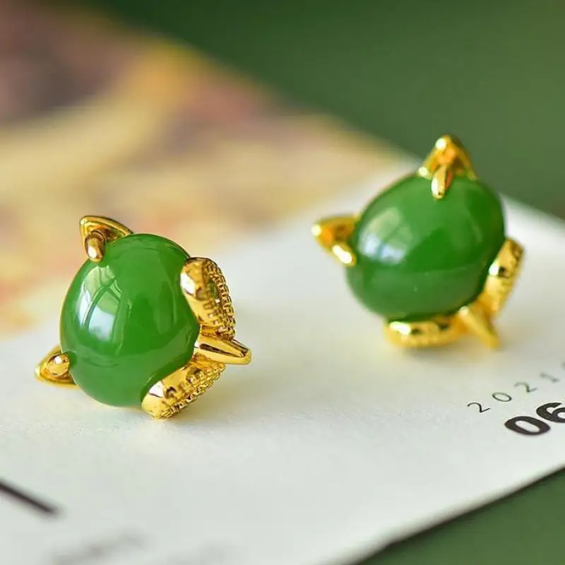 

Natural Green Jade Earrings Yellow Copper Hetian Jades Nephrite Fox Ear Studs Earring Women Fine Jewelry Accessories