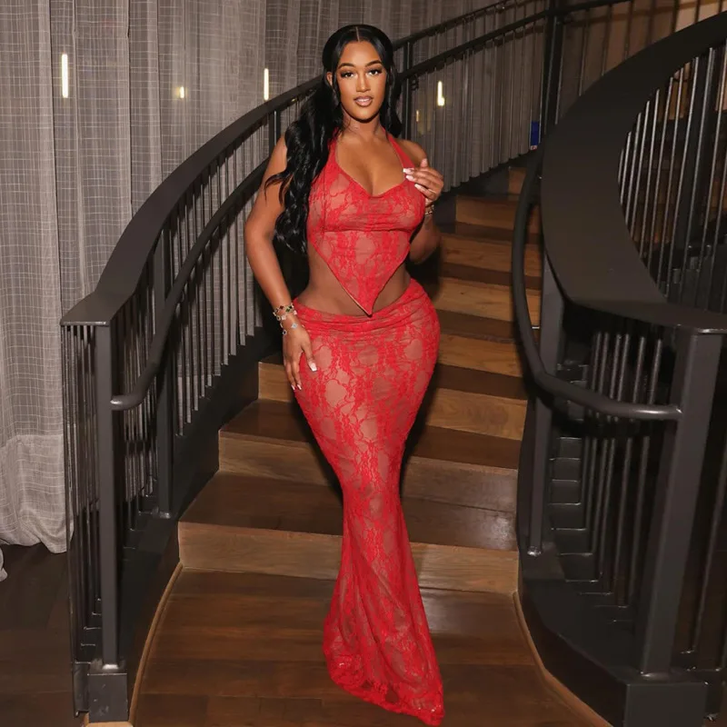 KOXINVES Летний Новый сетчатый кружевной на шнуровке без бретелек Топ + юбка женские