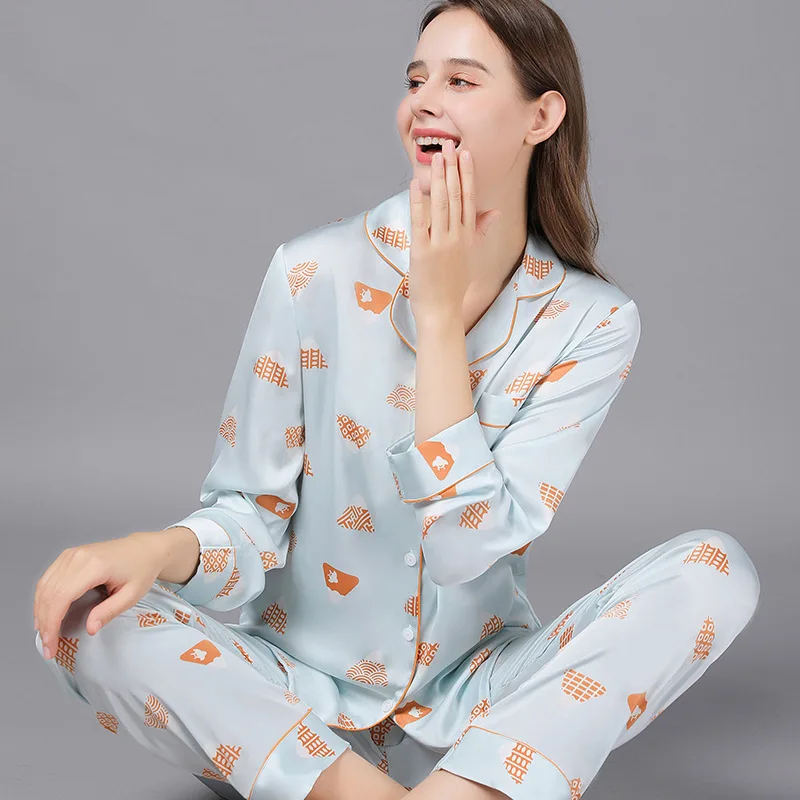 New Ice Silk Pajamas for Women Long Sleeve Thin Section Night Wears Two-piece Set Elegant Luxury Women Pajama Sets Free Shipping