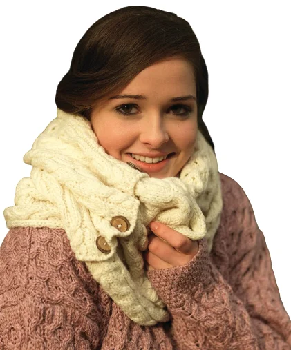

Aran Snood Scarf 100% Merino Wool Knitted with Buttons Made in Ireland by
