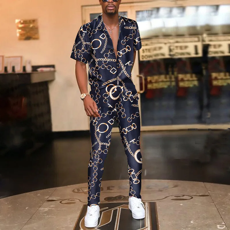 

Men 2-Piece Suit Summer Short-Sleeved V-neck Single Breasted Shirt Mid-Waist Pencil Pants Trousers Suit Men's Printed Slim Suit
