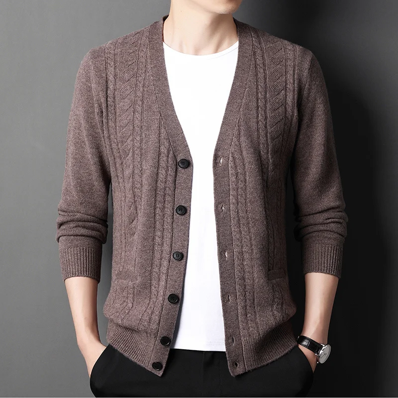 cardigan Thickened pure wool sweater 2023 knitted autumn and winter V-neck jacquard sweater men's warm coat