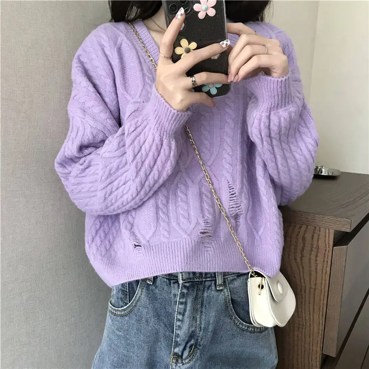 Рваный свитер больших размеров женская свободная верхняя одежда осенне-зимний