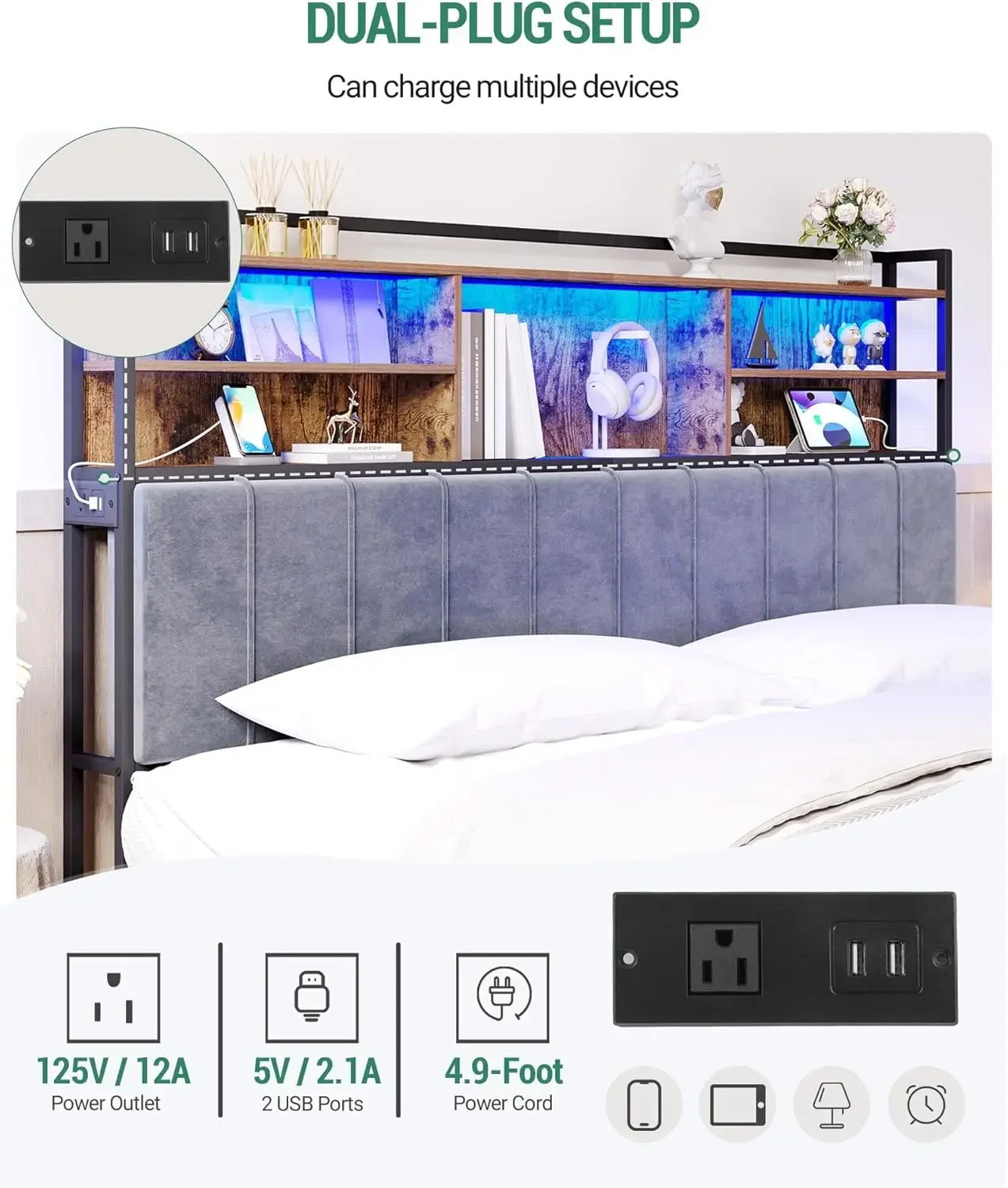 с 3-уровневыми полками для хранения мягкая изголовье 2 розетками USB-портами и