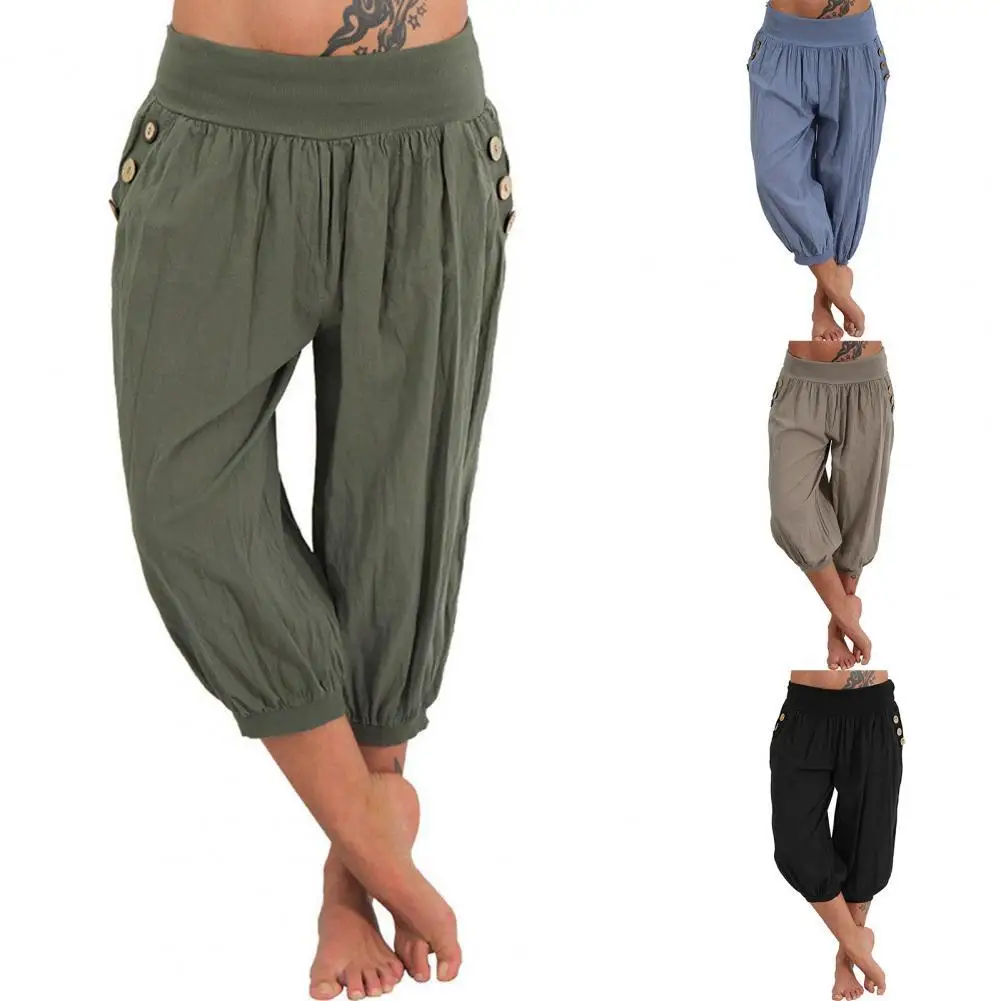 

Casual Women Capri Pants Lantern Shape Loose Solid Color Bloomers for Home Street wear Pants Clothing Military Green 5XL