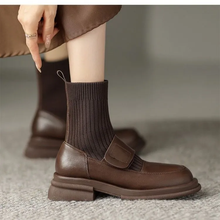 

Boots Socks Heels Boots-Women Autumn Shoes Round Toe Stockings 2022 Ankle Med Ladies Leather Lolita Rubber Rock Lace-Up PU Soli