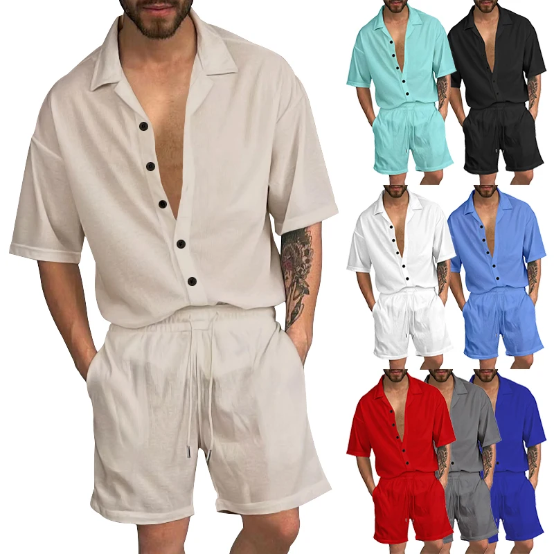Summer Hot Selling Men's Cardigan Polo Solid Short Sleeve+Elastic Drawstring Waist Shorts Two Piece Fashion Casual Set