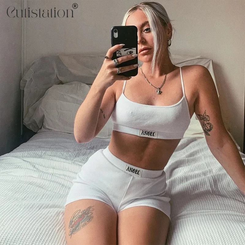 

Cutistation Sexy Two Piece Set Women Tracksuit Cami Crop Top and Biker Shorts Sweatpants Suits Casual Fitness Gym Outfits Girls