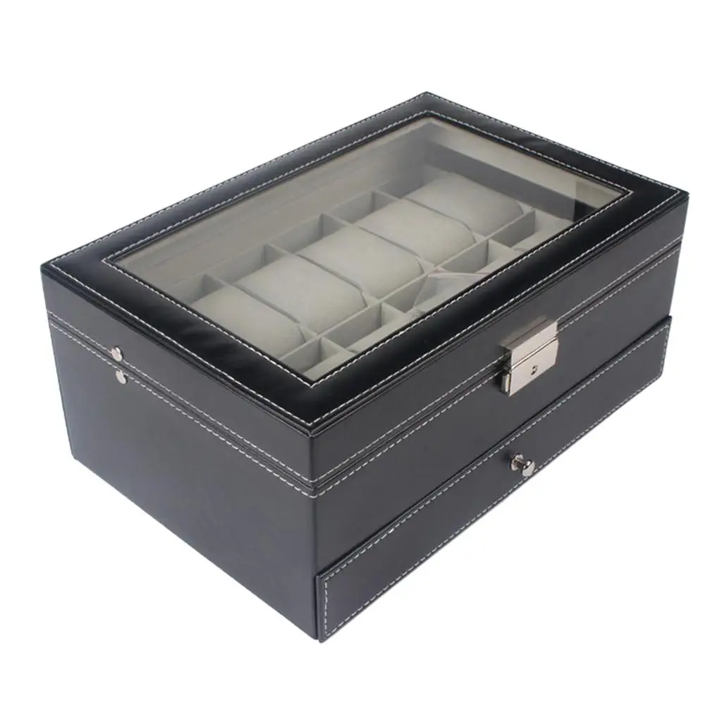 12 Slot Leather Watch Storage Box Jewelry Display Lockable with