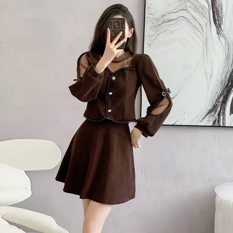 Женский вельветовый комплект из двух предметов модный сетчатый элегантный топ с