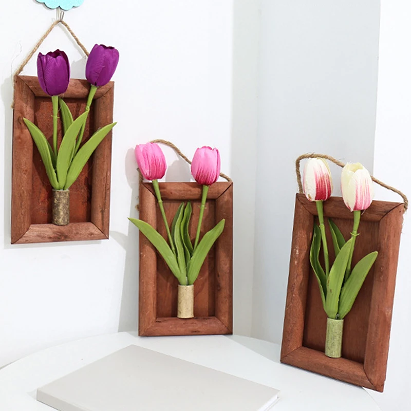 

Artificial Flowers Magnolia Wall Hanging Bonsai Fake Tulip Wooden Photo Frames For Front Door Wall Decor Hanging Flower Bonsai