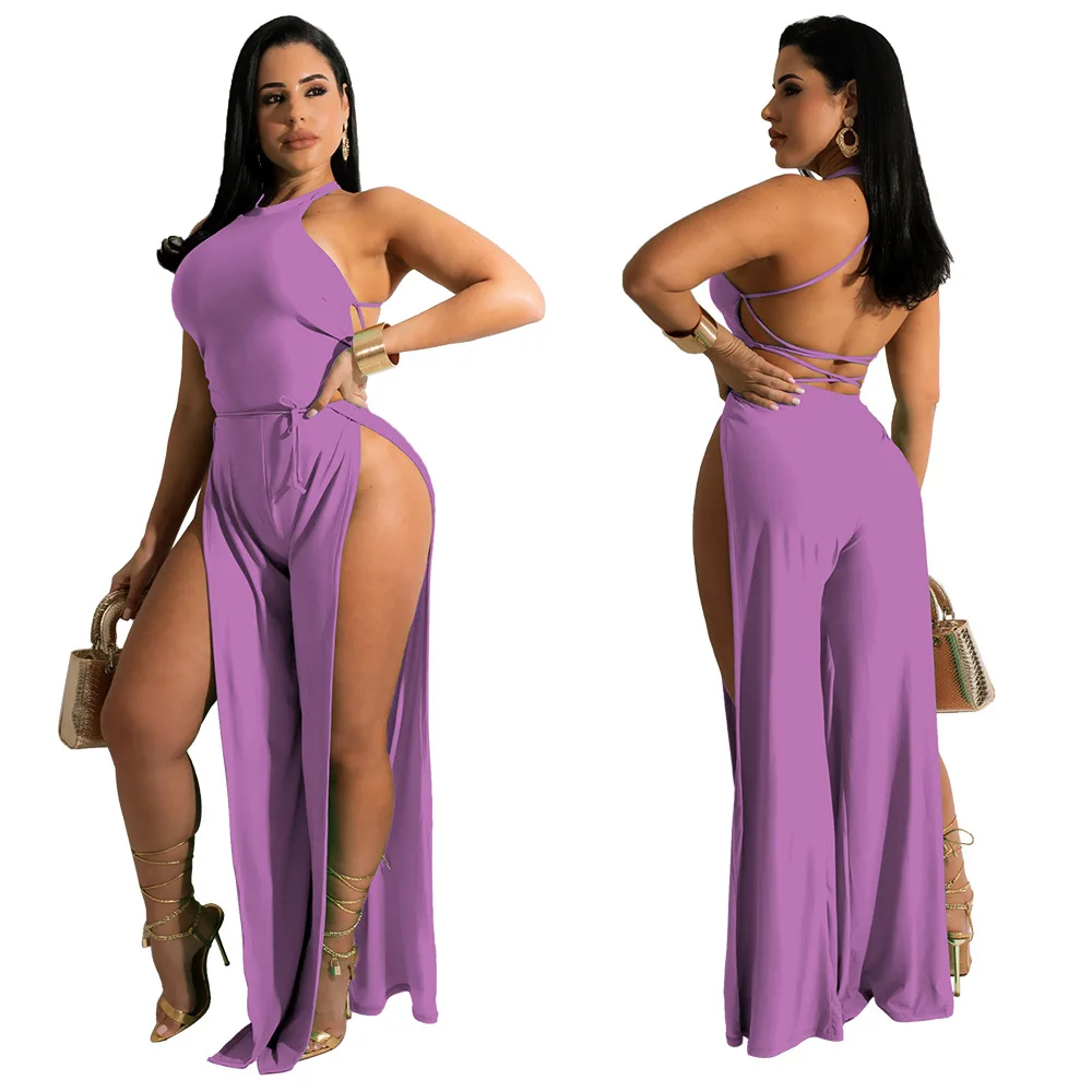 

Women's halter neck wide-leg jumpsuit strappy onesie sexy wispy club clothing nightclub party slit 2022 overalls for women