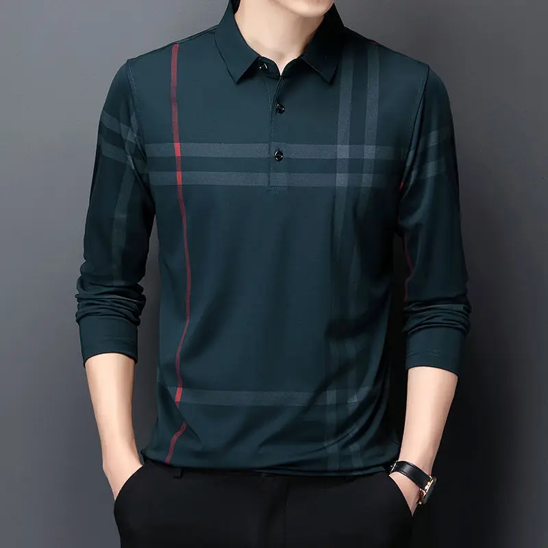 

Cotton Vintage Fashion Men Striped Polo Shirt 2022 Spring Autumn New Button Lapel Long Sleeve Business Casual Loose Top Clothing
