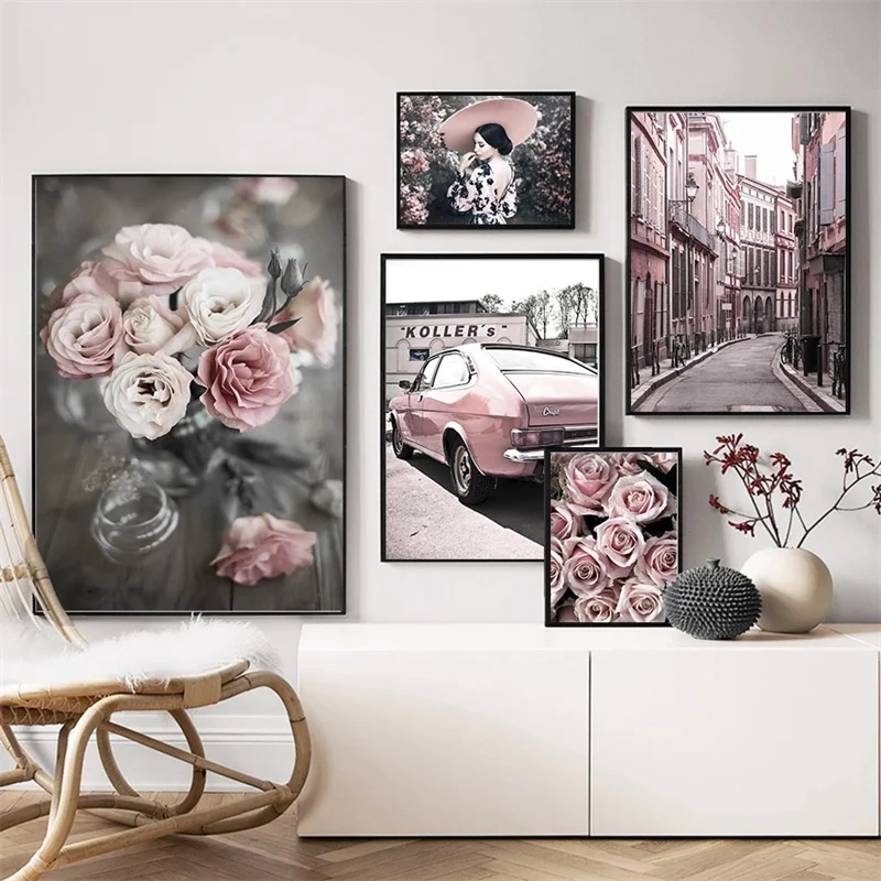 Buy Rose Flower pink Car Street Girl Building Wall Art Canvas Painting Nordic Posters And Prints Pictures For Living Room Decor on