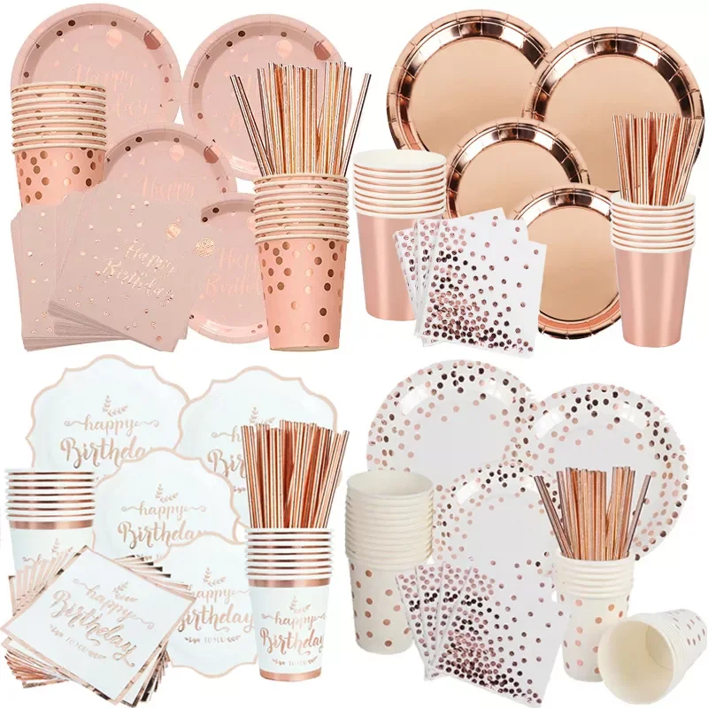 

Rose Gold Wedding Birthday Party Decorations Paper Straws Plates Cups Napkins Baby Shower Anniversary Event Party Decor Supplies