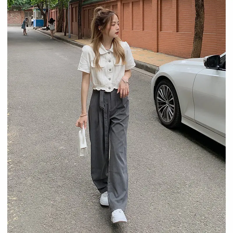 

Women 2022 Summer Fashion Two-piece Suits Female Short Solid Color Coats + High Waist Loose Wide-leg Pants Ladies Sets O120