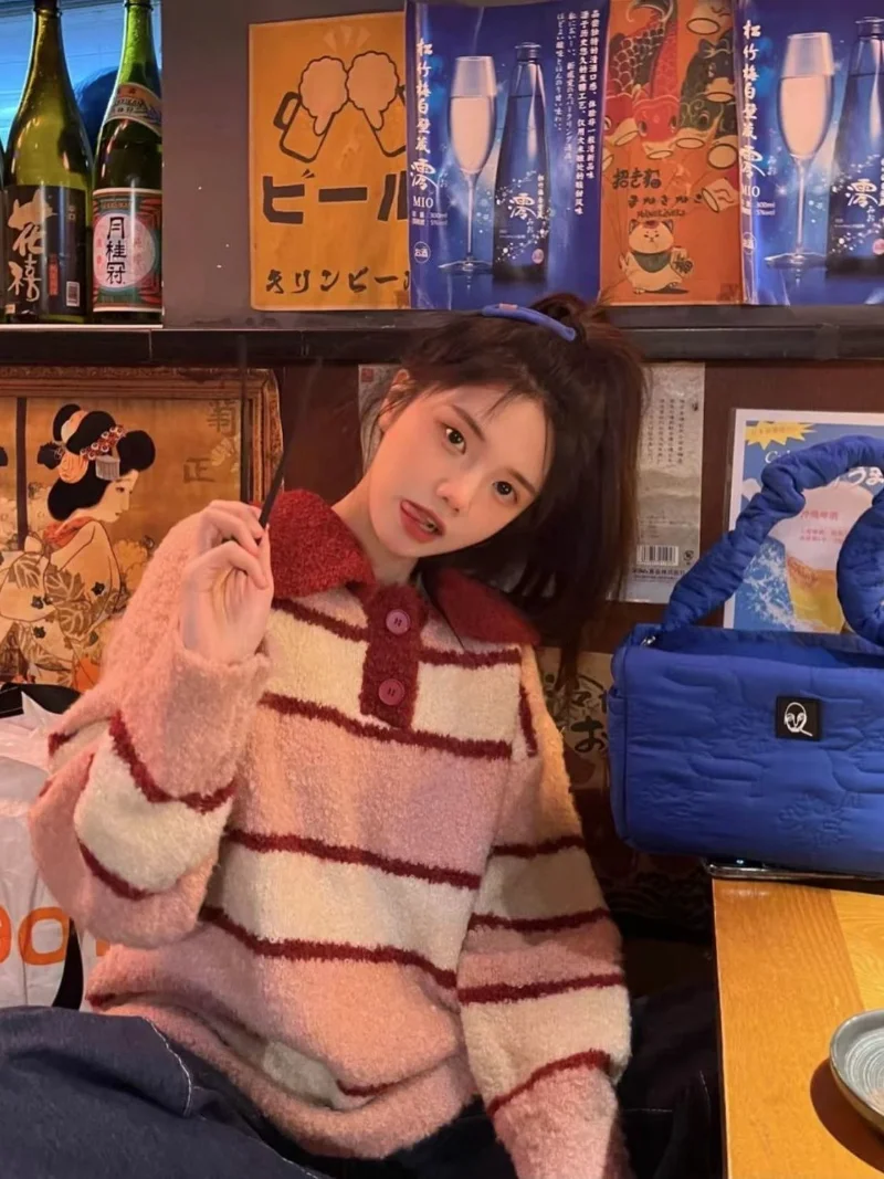 

Japanese Pink Stripe Polo Turn-down Collar Sweater Women 2023 Spring Autumn Loose Long Sleeve Knitted Pullover Sweet Top Mujer