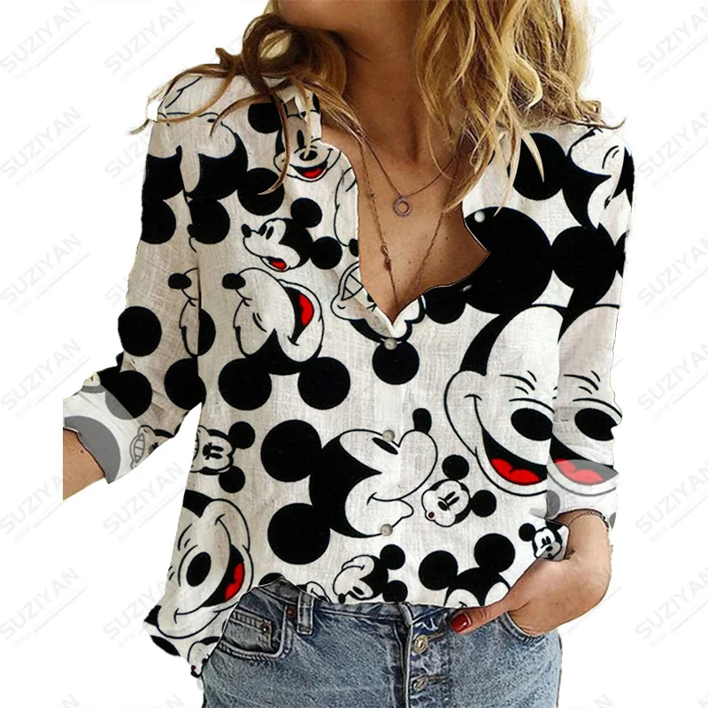 

Disney Mickey and Minnie Ladies Fashion Long Sleeve Shirts Ladies Shirts Casual Tops Minnie Print Loose Tops Tops