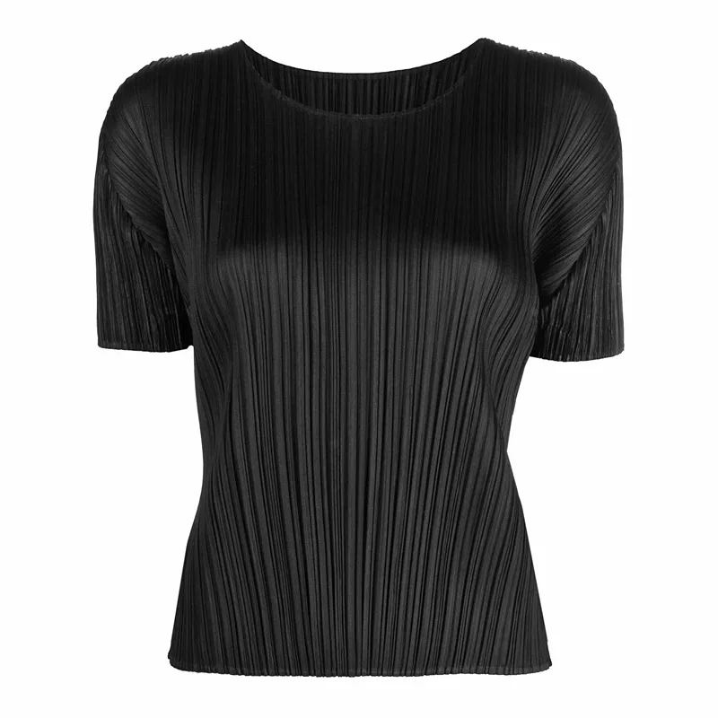 Фото Футболка ISSEY T-Shirt Japan, женская, базовая модель, плиссированная, с круглым вырезом, однотонная, приталенная, с коротким рукавом №5