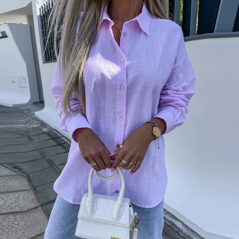 

Удобная модная блузка с отложным воротником на пуговицах и рубашка, летняя Однотонная футболка с длинным рукавом для поездок, блузка, женская рубашка-поло 2023