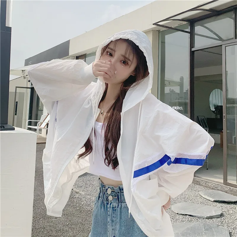 

Spring Summer Hollow Out Striped Patchwork Women White Sunscreen Coat Hooded Long Sleeve Blue Black Green Casual Thin Outerwear