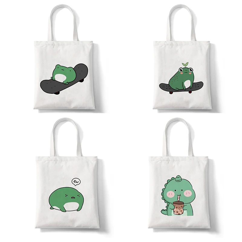 

Kawaii сумка для покупок для скейтборда лягушка динозавр многоразовая Холщовая Сумка Для Покупок Сумка-тоут сумка женская хлопковая тканевая ...