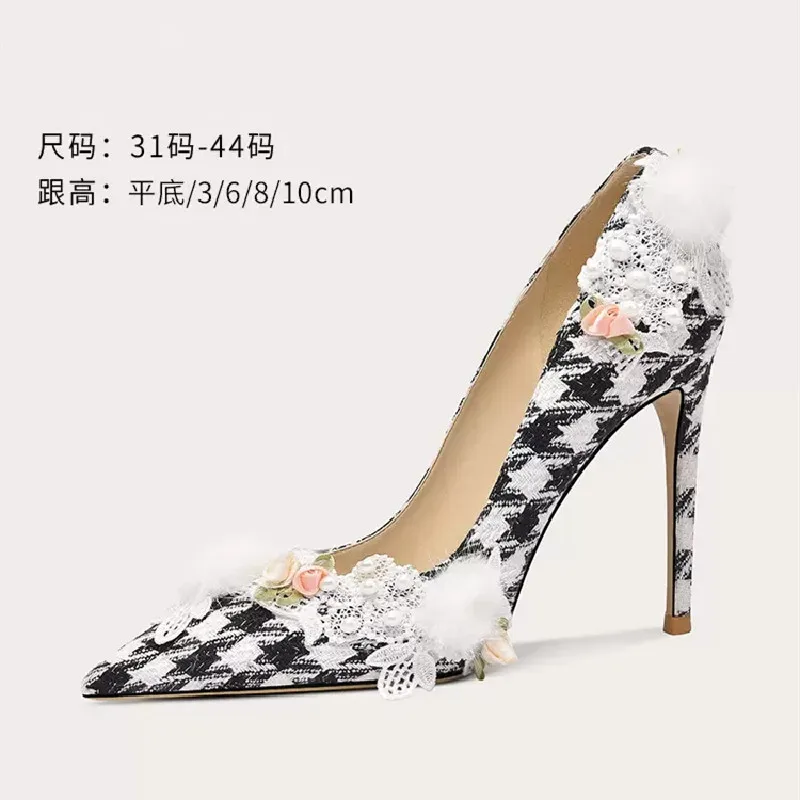 

Spring and Summer Pointed Pearl Flower Fabric Flat Sole Single Shoes Thin High Heel Banquet Dress Large and Small Women's Shoes