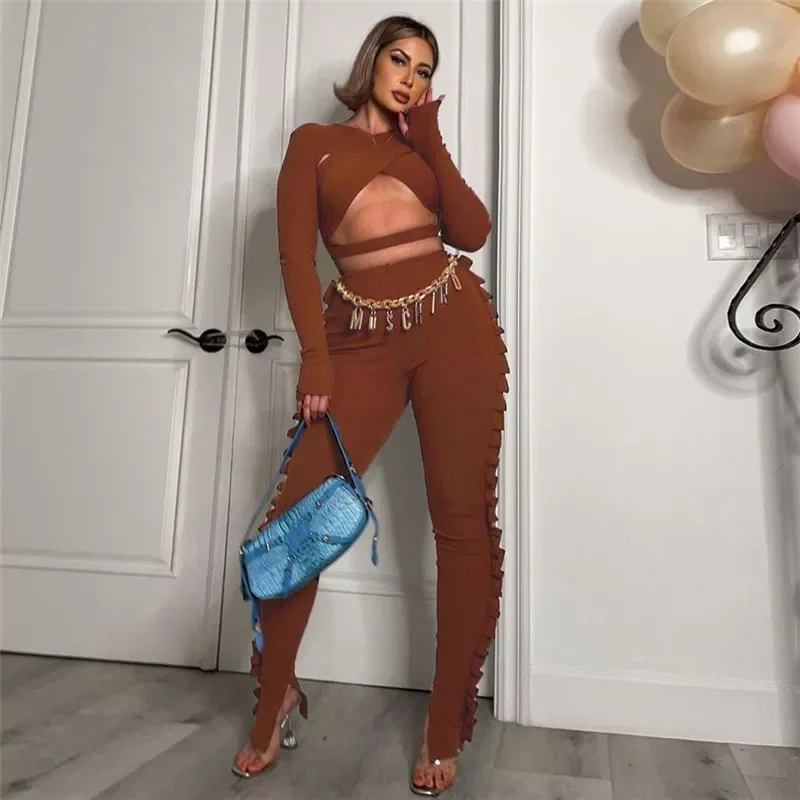 

WJFZQM открытый короткий топ с длинным рукавом Женские облегающие брюки с рюшами комплекты из 2 частей сексуальные женские Клубные наряды 2021 з...