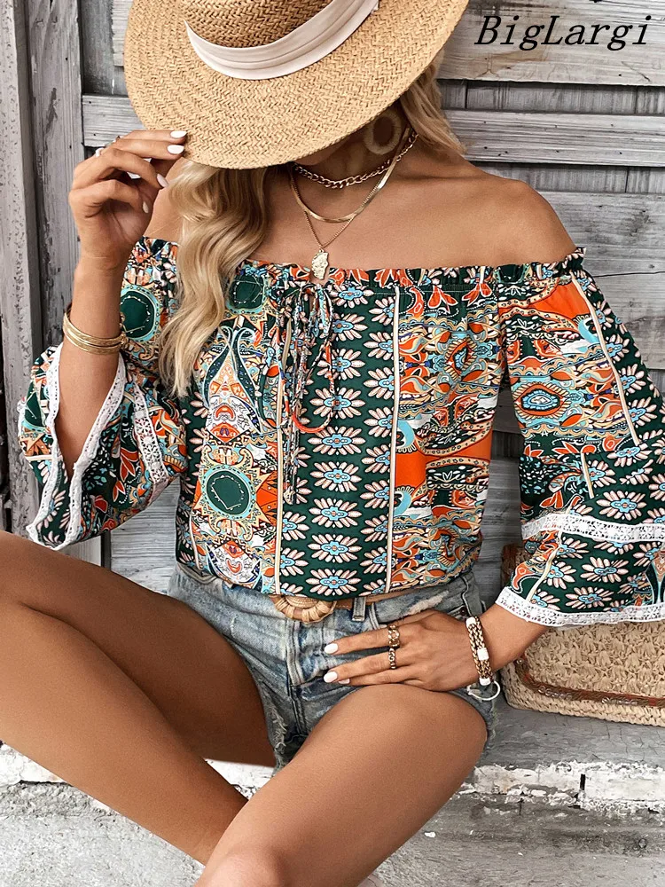 

Summer Print Sexy Vintage Blouse Women Casual Office Off Shoulder Long Sleeve Ladies Blouses 2023
