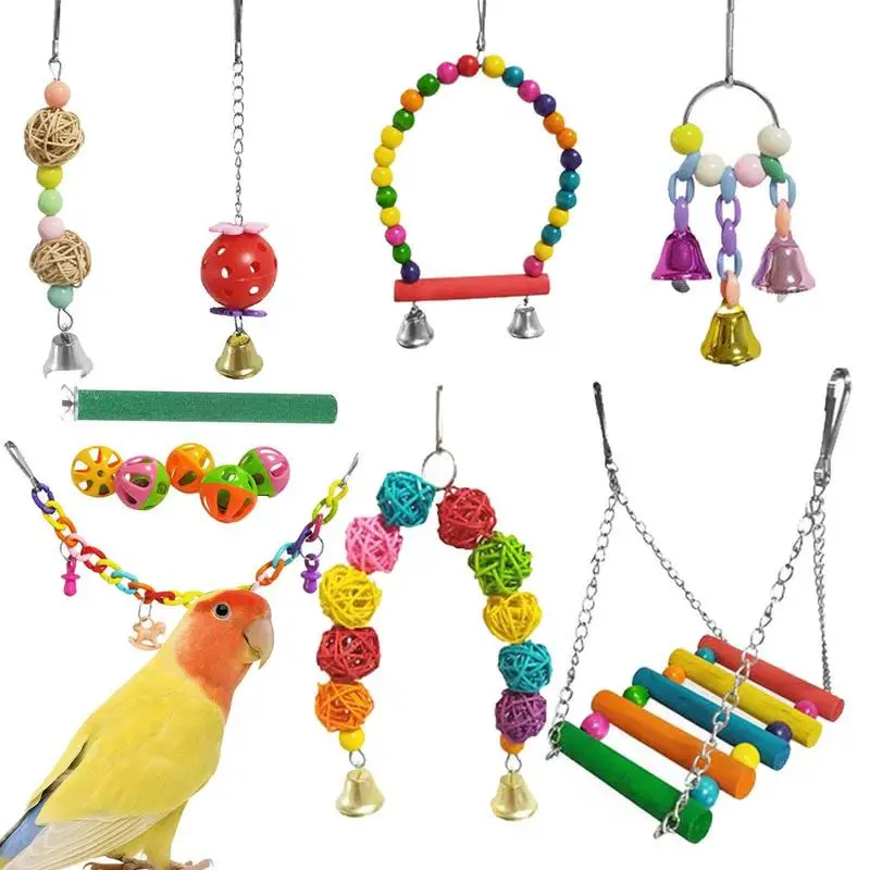 

Игрушки для птиц, для попугаев, 9 предметов, маленький средний Игровой набор для птиц с качели, качели, клетка, игровой набор для скалолазания, ротанга