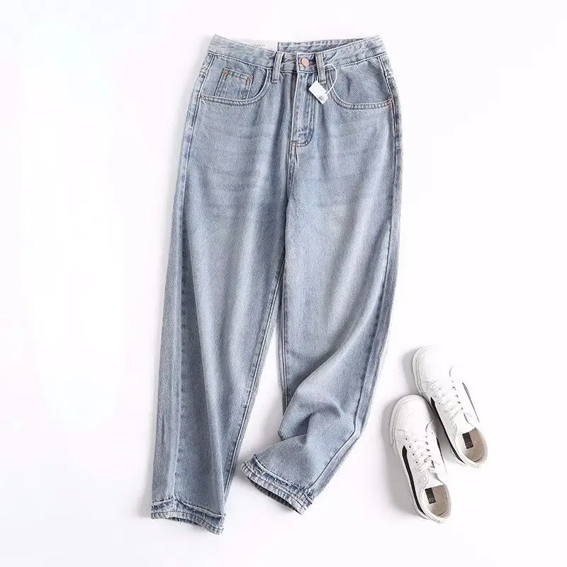 Jenny&Dave Fashion High Wasit Mom Street Burrs Straight Loose jeans England Style Retro Washed Light Blue High Jeans Women