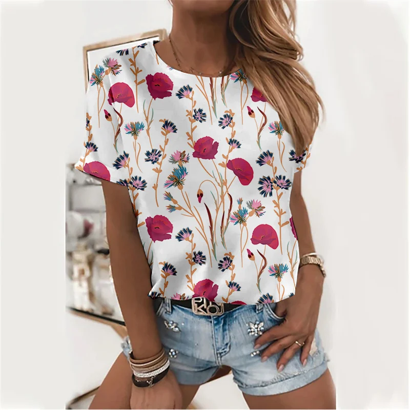

Summer Women Top T-shirt Round Neck Short Sleeve Casual Clothes Printing Comfortable Simple Style