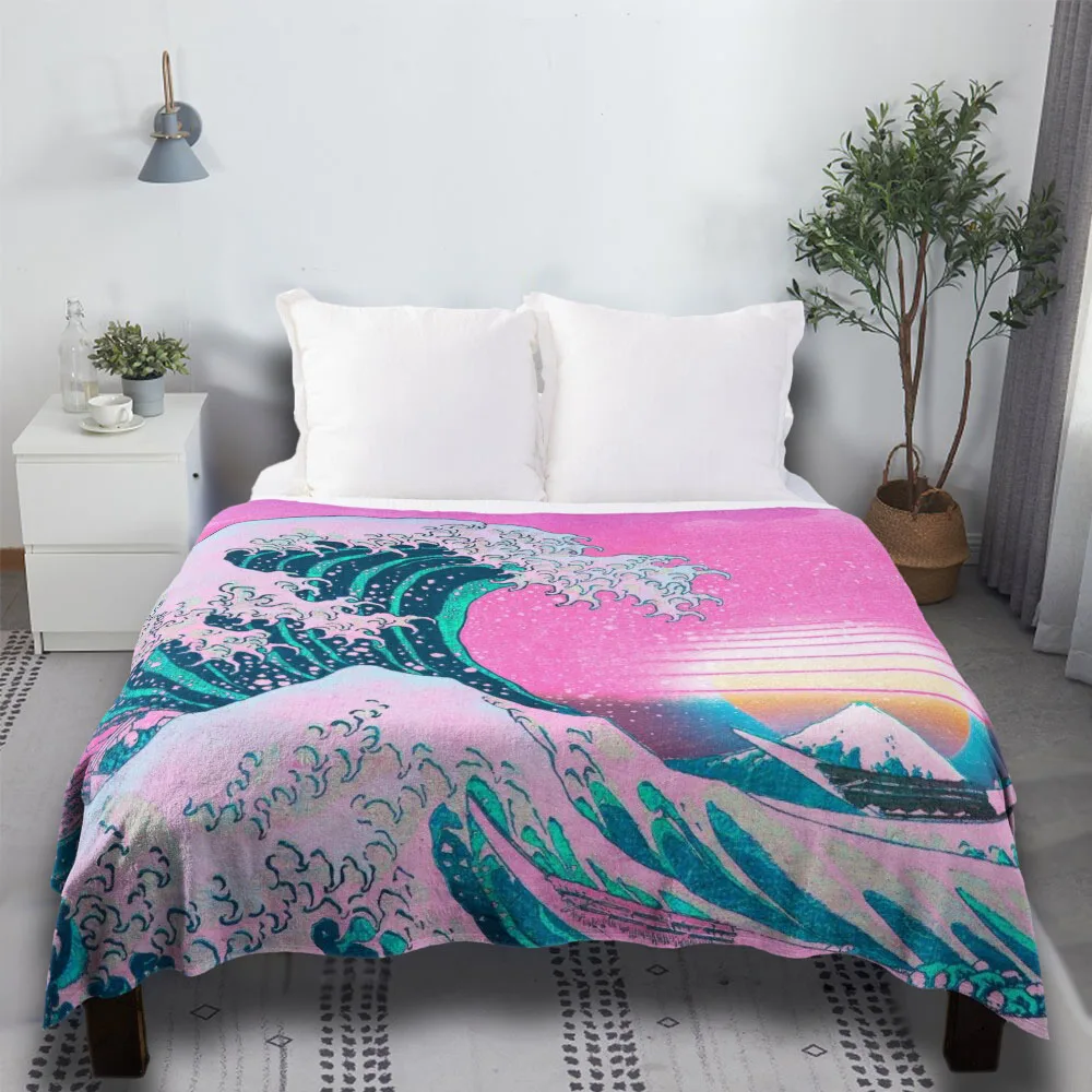

Vaporwave Aesthetic Great Wave Off Kanagawa Retro Sunset Easter Day Gifts For Sofa Kpop Woven Art Fabric Plaid Throw Blanket