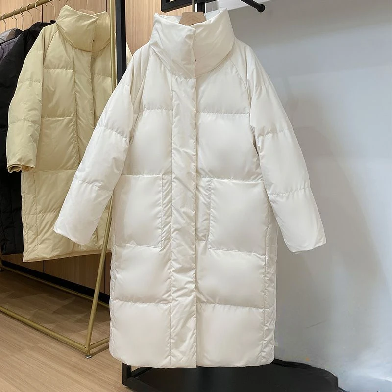 Winter Women Warm Down Jackets Stand-up Collar Mid-length Down Jacket Soft Hot Sale Pockets Design Straight Solid Coats L12