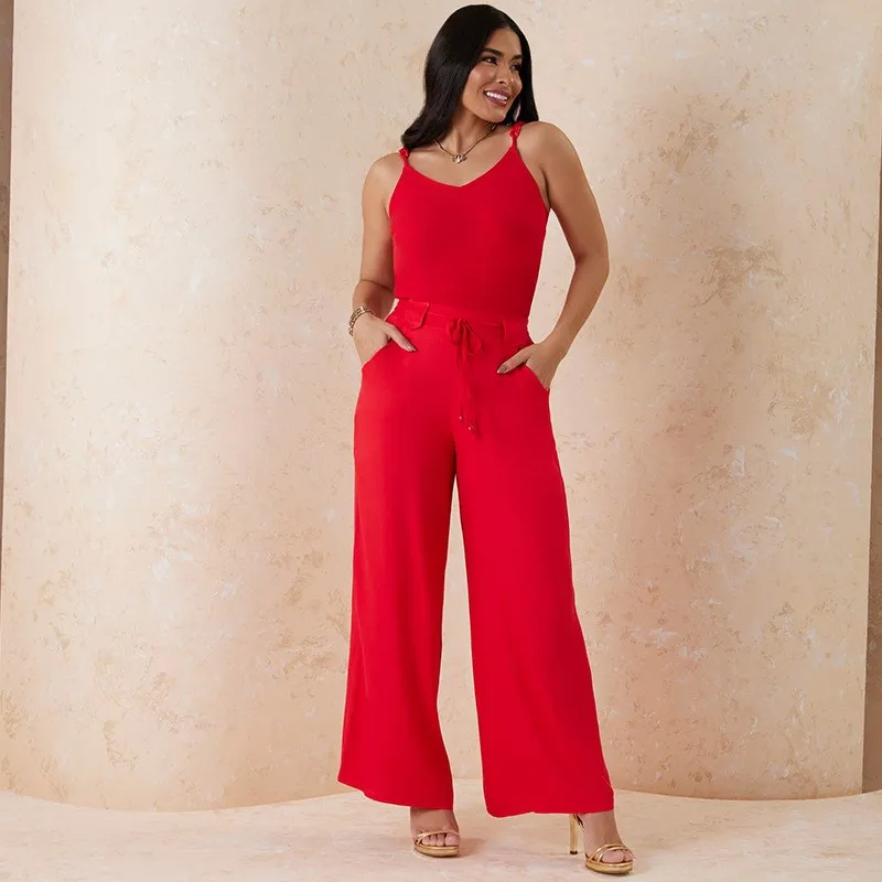 

Women Beach Clothes Free Shipping Outouts For Dress 2023 New Slim Neck High Waistband Vest Leg Trousers Suit Solid Polyester