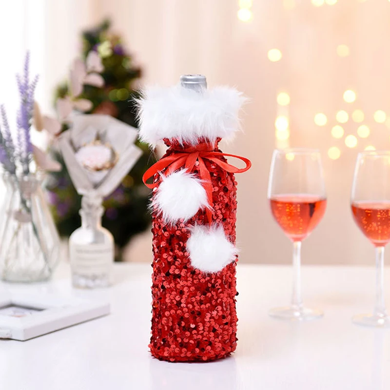 

Christmas Wine Bottle Cover Decorations Multiple Colors Glitter Sequins Pompommed Festival Supplies