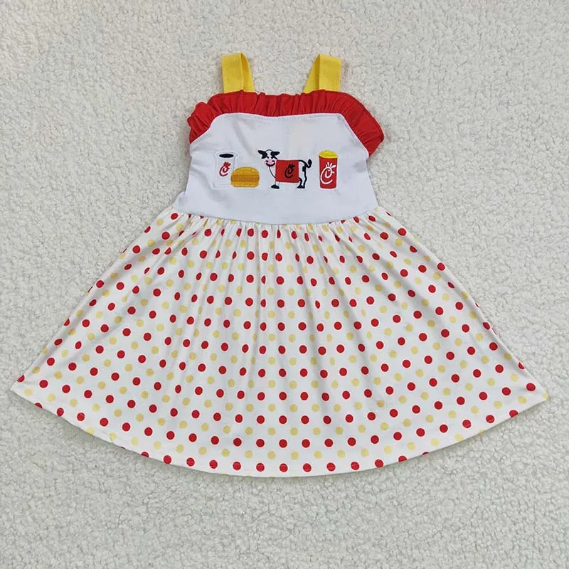 Wholesale Baby Girl Summer Embroidery Cow Milk Hamburger Twirl Dress Children Infant Boutique Toddler Dots Knee Length Clothes