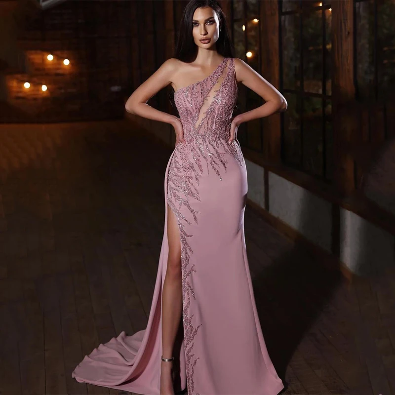 

Pink One-Shoulder Sleeveless Evening Dresses Gowns 2023 Luxury Mermaid Beaded Elegant For Women Party