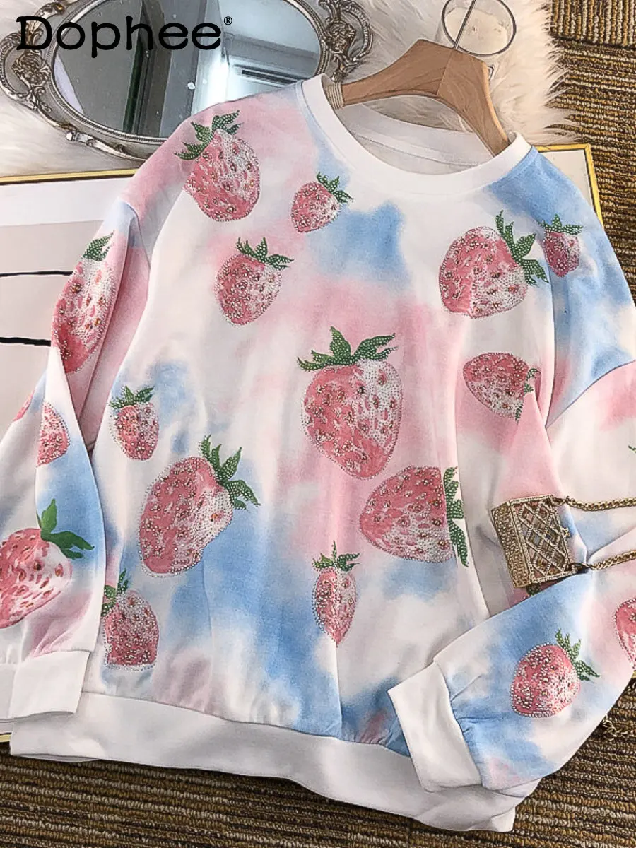 Hot Drilling Sweet Strawberry Printed Blooming Sweatshirt Coat Women 2022 Autumn Winter New Loose Leisure Pullover Hoodie Top