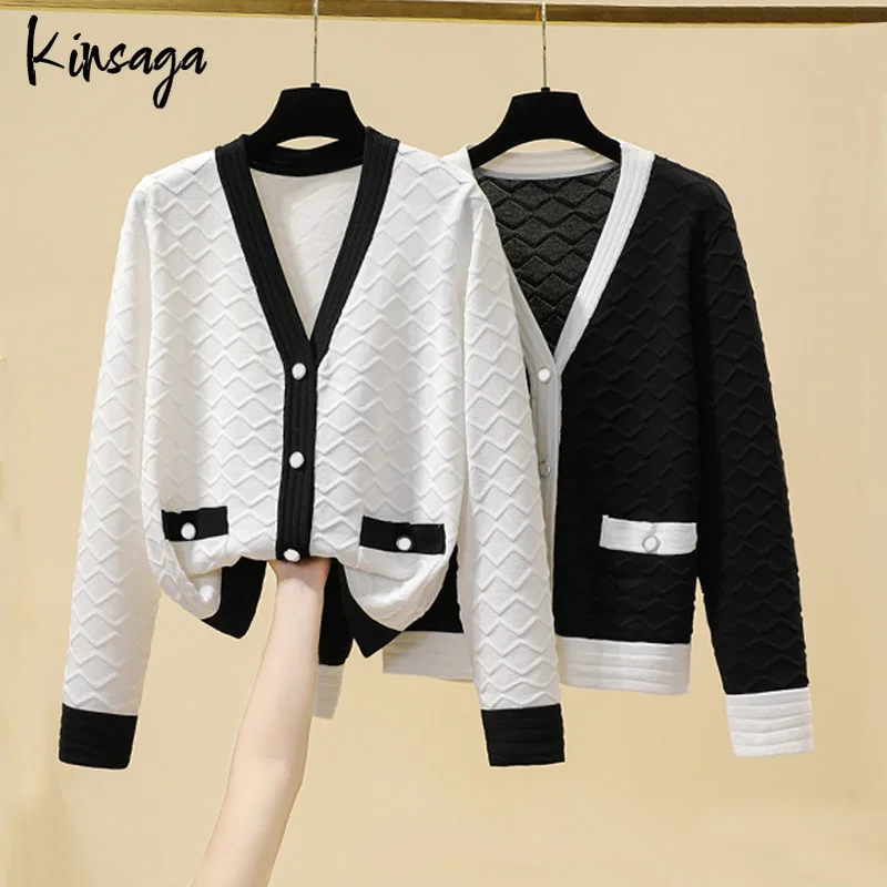 

Spring Autumn Elegant Black White Hit Color Long Sleeve Knitted Cardigans Women Korean Fashion V-neck Pearl Button Loose Sweater