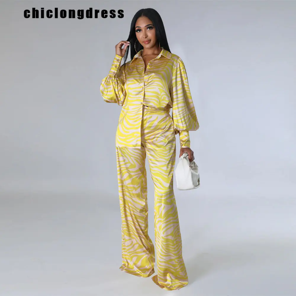 

Комплект из двух предметов женский атласный, Повседневная рубашка с принтом зебры, на пуговицах, широкие брюки, комплект из двух предметов, ...