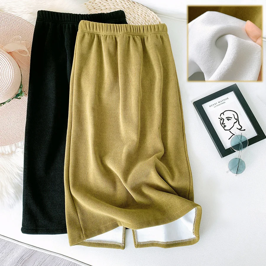 Velvet Thickened Warm Casual Midi Long Skirt Women 2021 Winter Buttock Package Hip Pencil Skirt Bottomed Straight Y2k Skirt